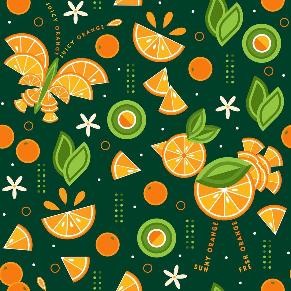 Seamless background with orange slices, memphis geometric elements. Bird, butterfly made of orange slices. Good for branding, decoration of food packaging, cover design, decorative print, textile vector
