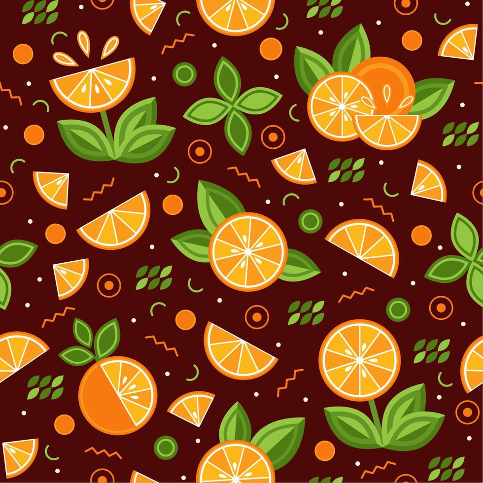 Seamless background with orange slices, memphis geometric elements. Flowers made of orange slices. Good for branding, decoration of food packaging, cover design, decorative print, textile vector