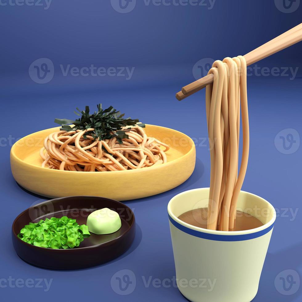 fideos soba fríos servidos con salsa para mojar. hacer ilustración 3d foto