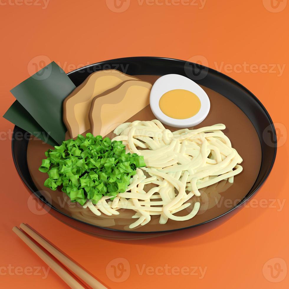 Ramen Japanese noodle with soy sauce dish toppings such as sliced pork, eagg, nori. render 3d illustration photo