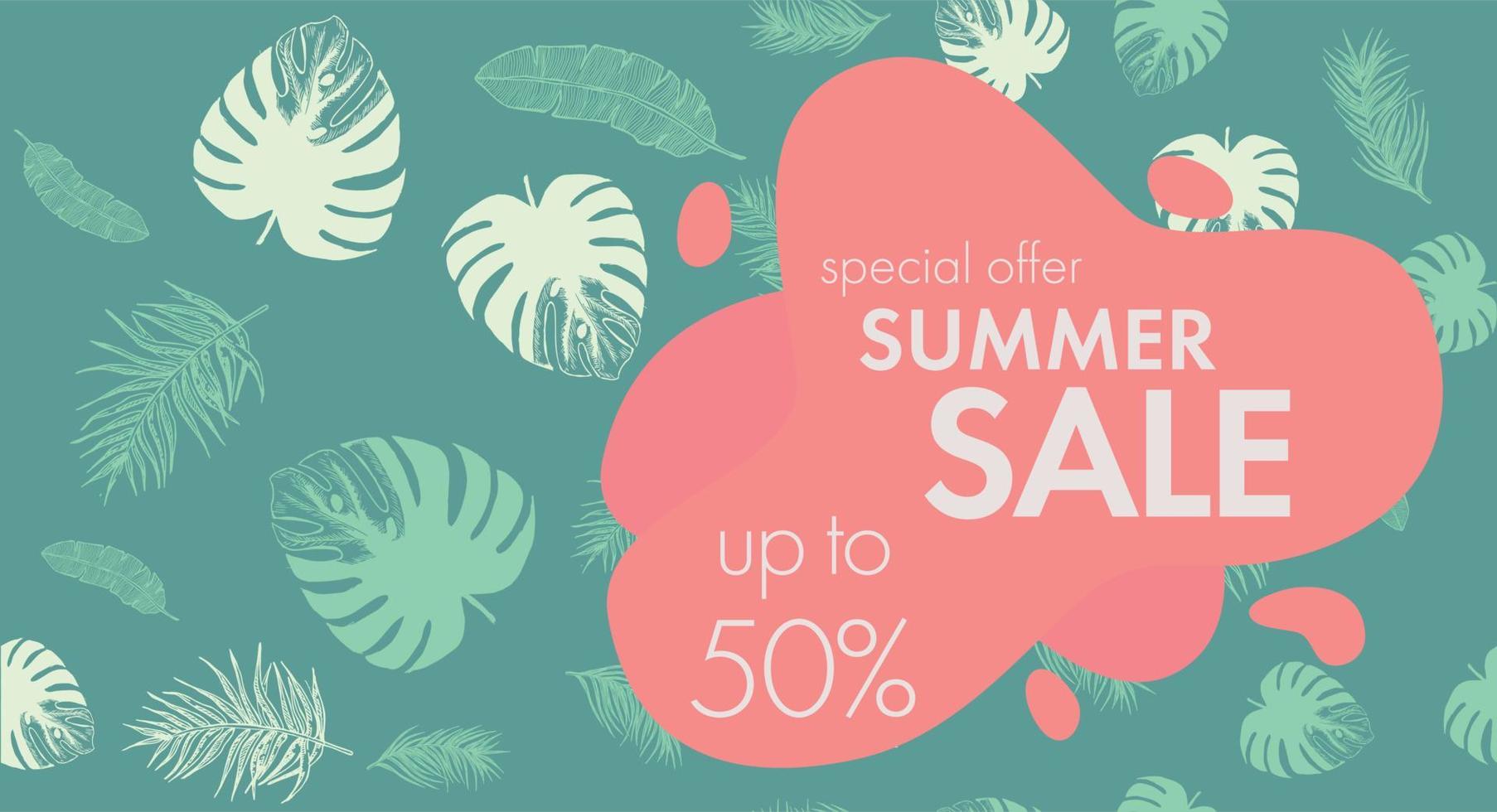 Summer sale. Tropical leaves pattern. Hand drawn illustration. vector