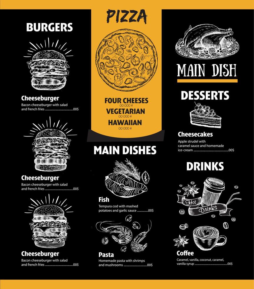 Menu restaurant brochure. Flyer with hand-drawn graphic. vector