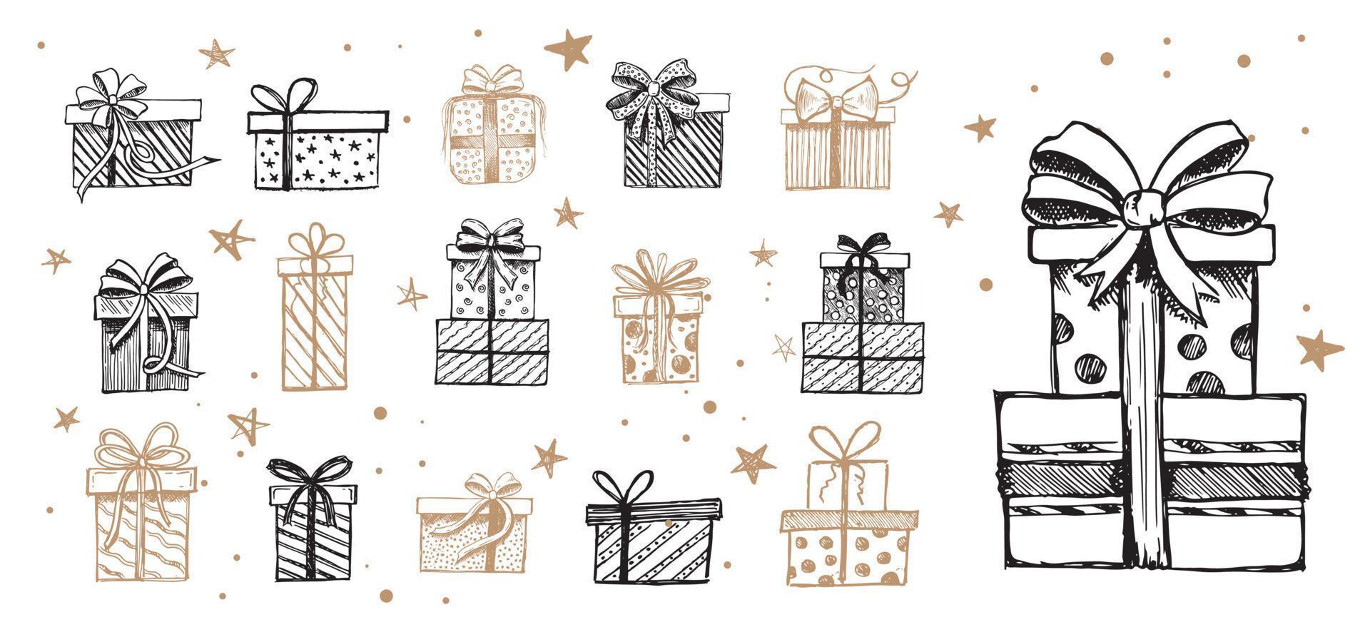 Christmas set. Doodle icons of gift box. Hand drawn elements. Vector. vector