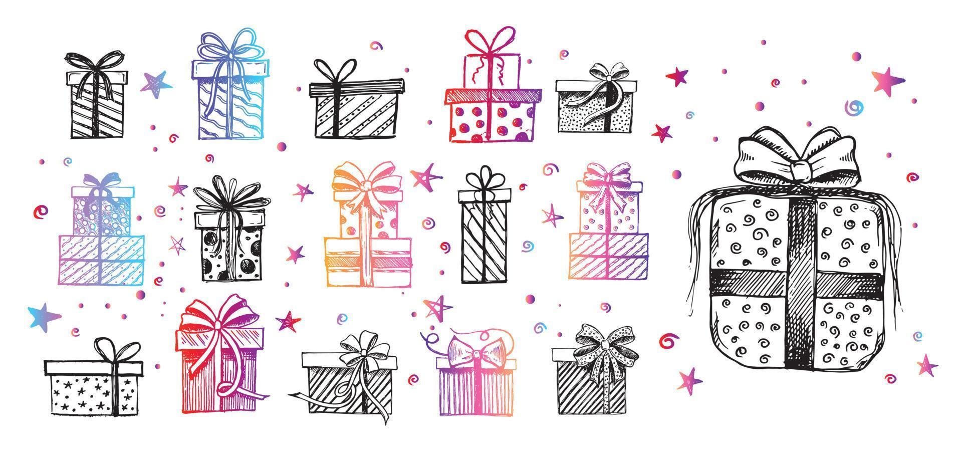 Christmas set. Doodle icons of gift box. Hand drawn elements. Vector. vector