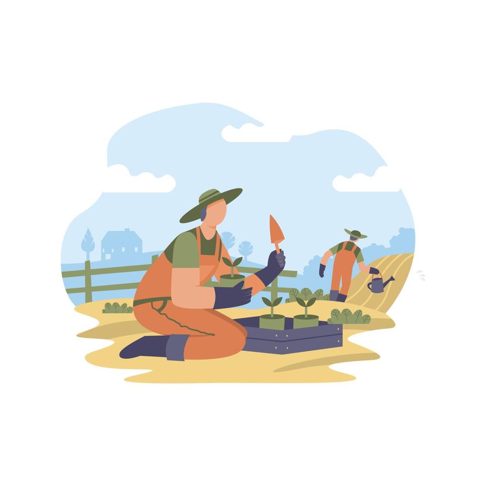 Flat vector farmer in garden illustration