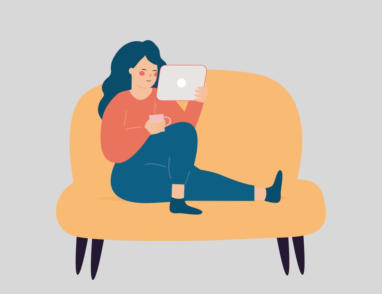 Self employed woman is working at the tablet while drinking her coffee. Freelancer teenage girl sitting on the couch and using a tablet to run her business online. Vector illustration