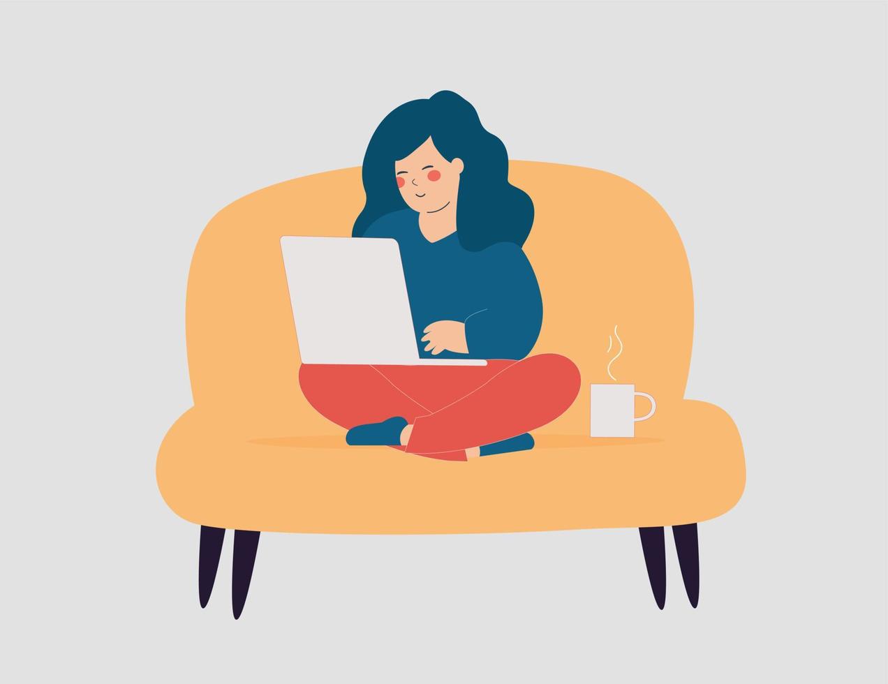 Self employed woman working at the laptop while drinking her coffee at home. Businesswoman sitting on the couch and using her computer to run her business online. Vector illustration