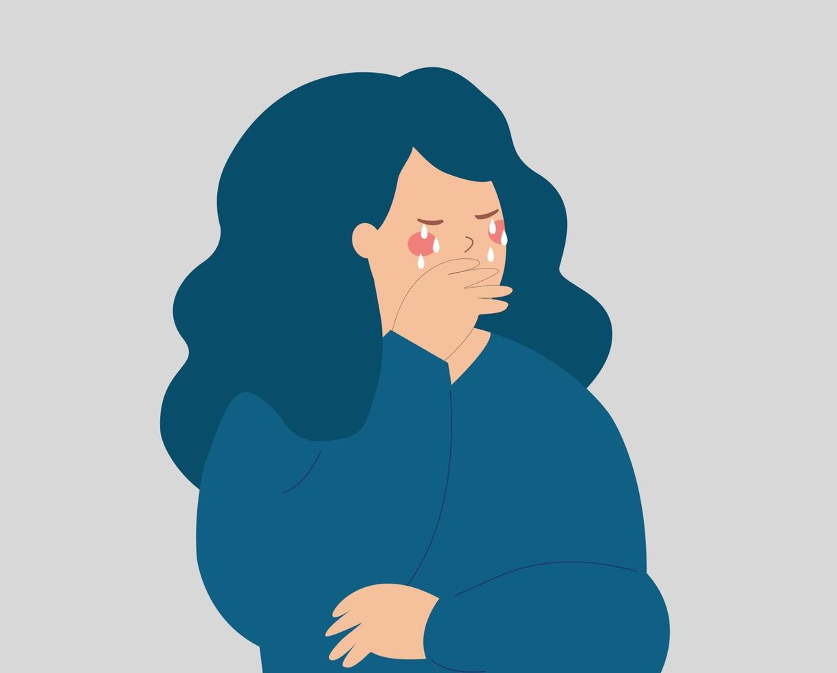 Depressed young woman crying and covering her face. Sad teenage girl weeping negative emotions and feels stress, depression and anxiety. Concept of mental health disorder. Vector illustration.