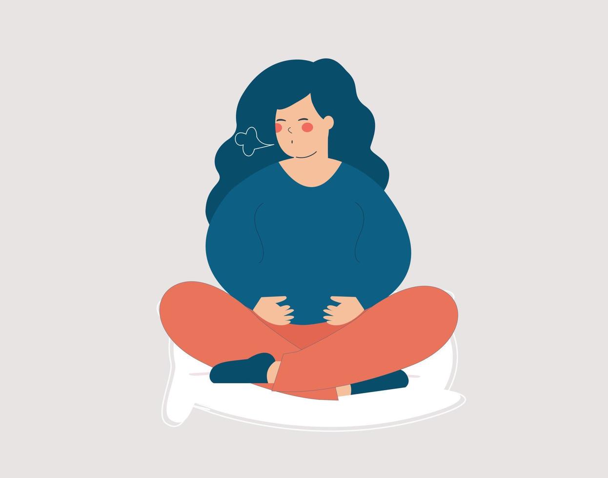 Woman expecting a child and practices some a breathin exercice. Pregnant sits in yoga pose lotus and makes a exhale. Concept of maternity wellbeing and respiratory system. Vector illustration