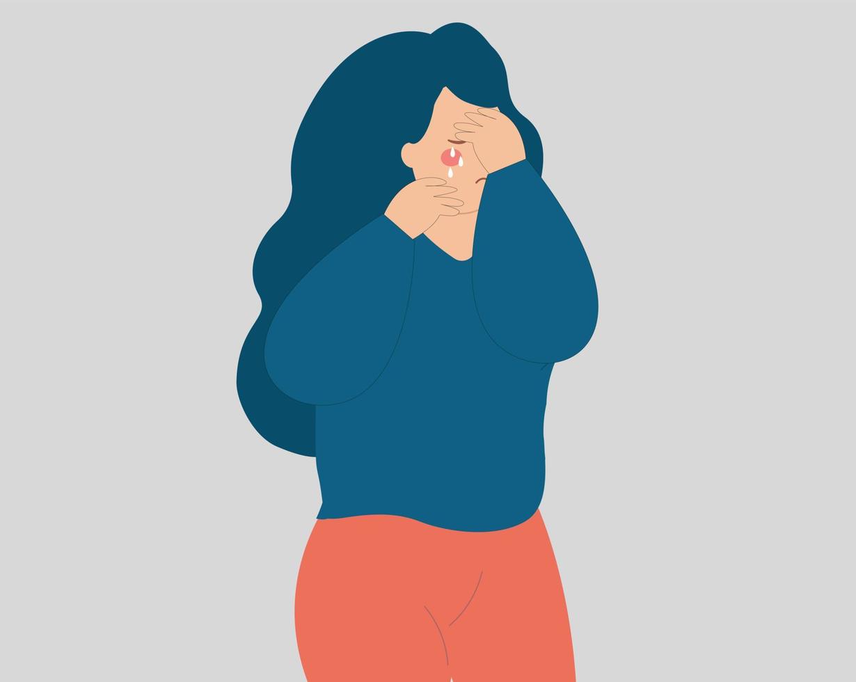 Stressed young woman crying and covering her face. Sad teenage girl weeping negative emotions and feels depression. Concept of mental health disorder. Illustration of women's abuse and bullying. vector