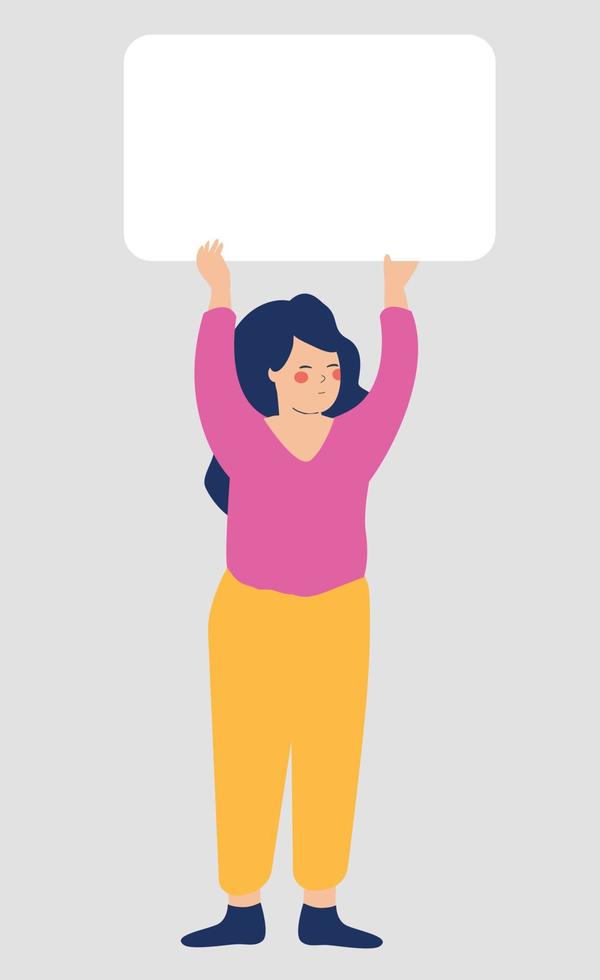 Activist woman holds a blank placard above her head to protest. Feminist supports the cause and calls for justice. Women empowerment and gender equality concept. Vector illustration