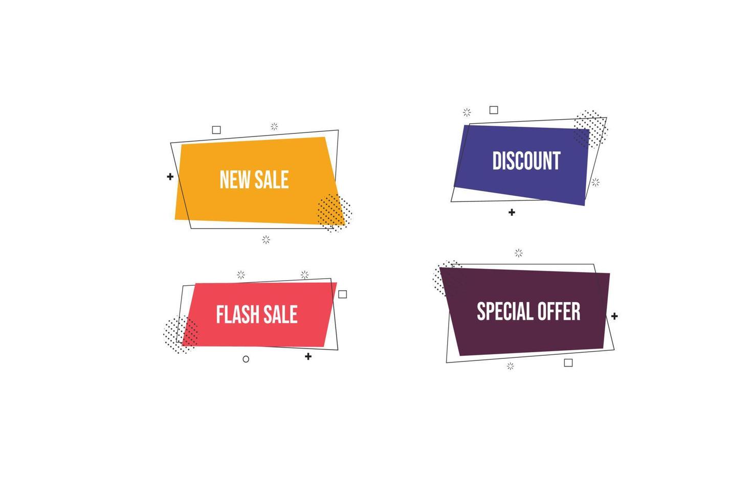 Set of modern flat geometric vector banners for web or presentation. Vivid sale banners for retro poster design style. Fancy colors and cool illustration shapes