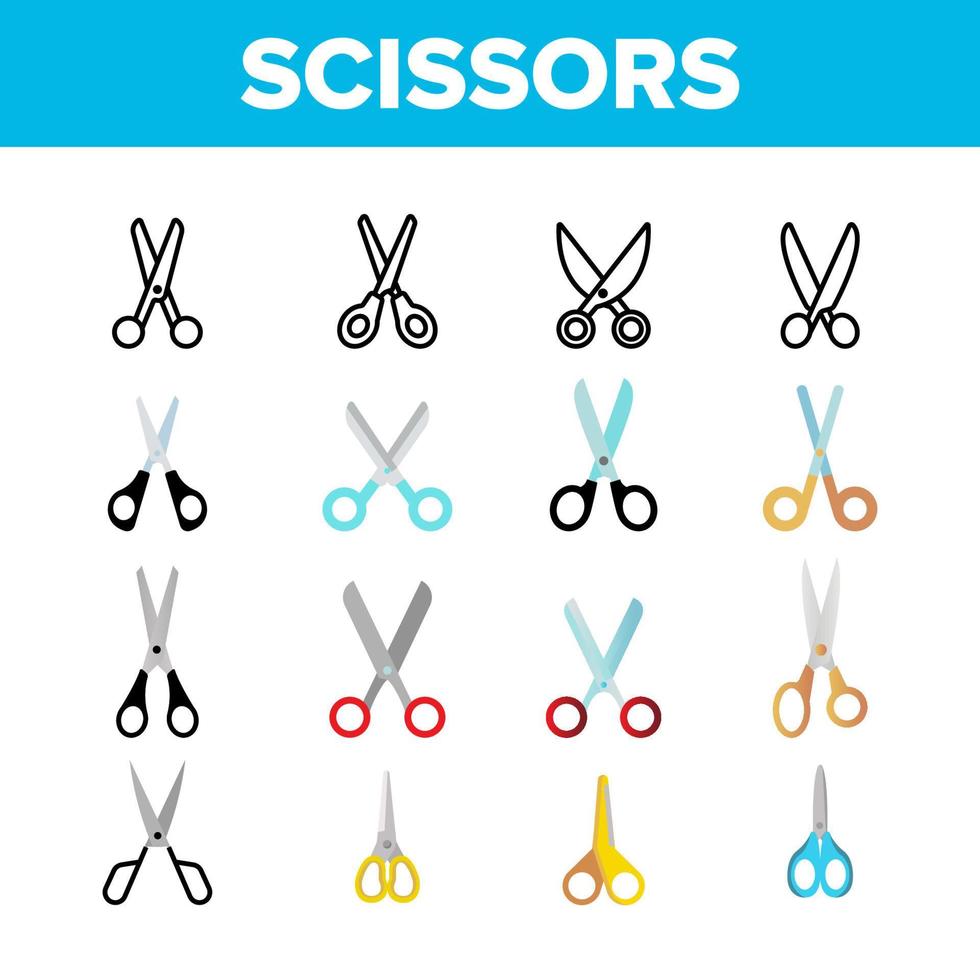 Scissors, School Stationery Vector Color Icons Set