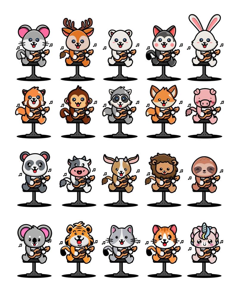 Set of cute animal playing guitar vector