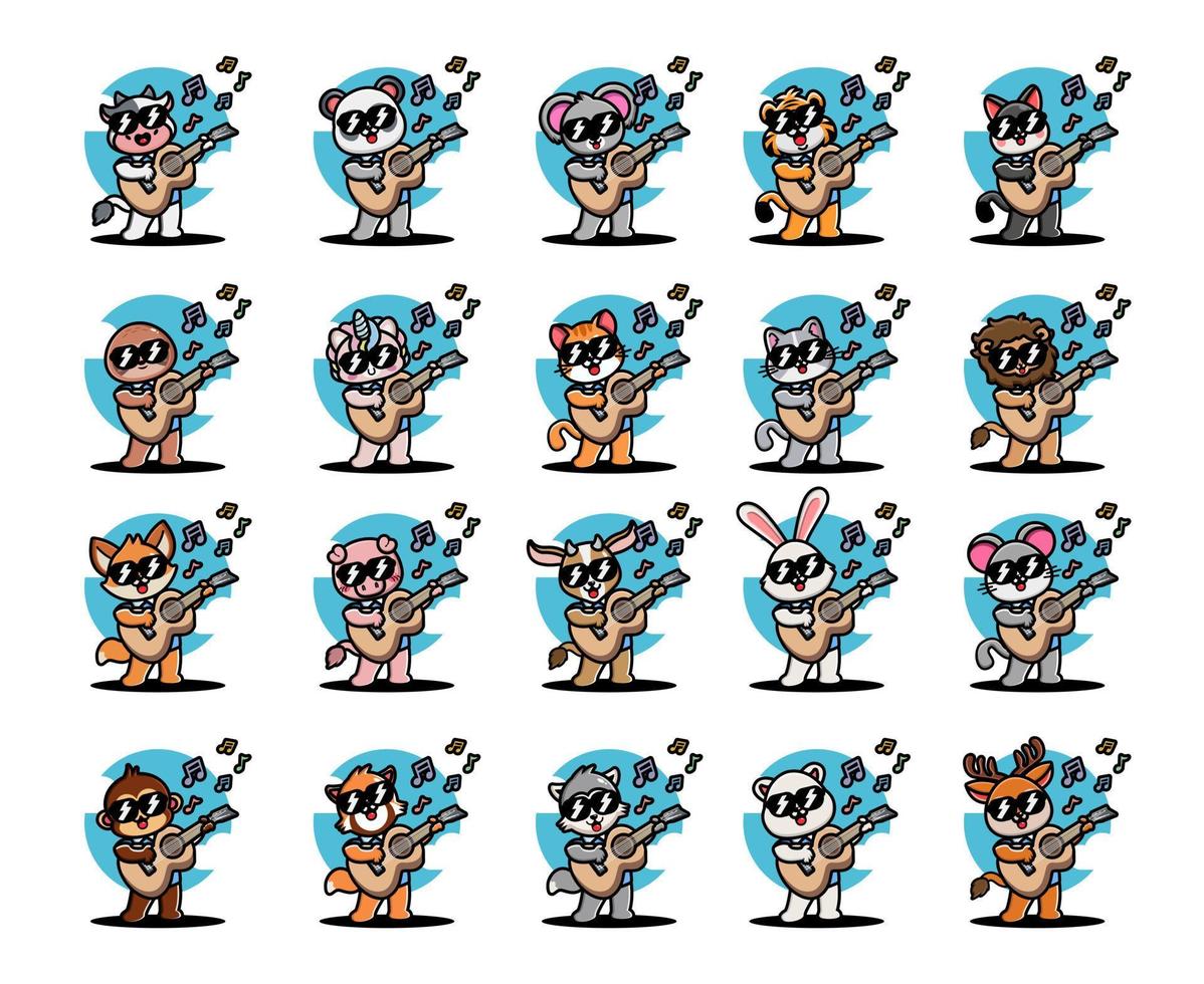Set of cute animal playing guitar vector
