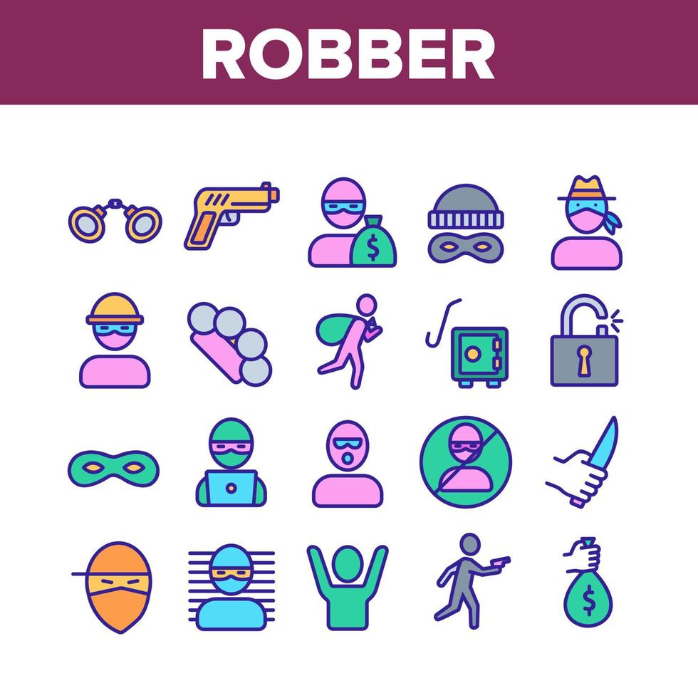 Robber Crime Collection Elements Icons Set Vector