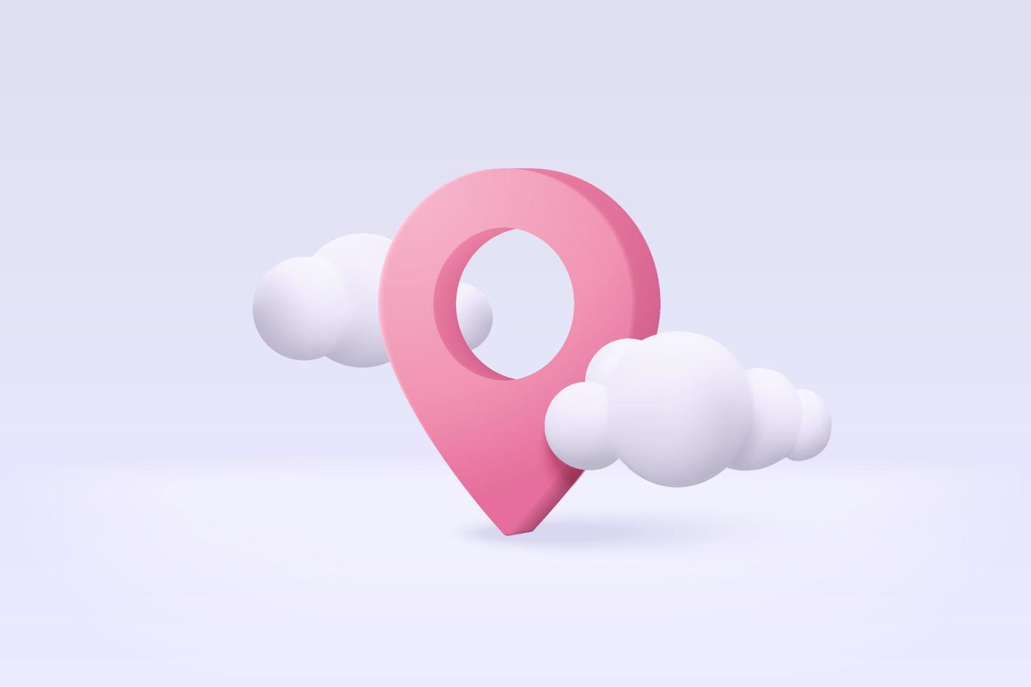 Marcador de punto de ubicación 3d del mapa o signo de icono de pin de navegación en el fondo de la nube aislada. la navegación es de color rosa pastel con sombra en la dirección del mapa. 3d gps pin vector renderizado ilustración