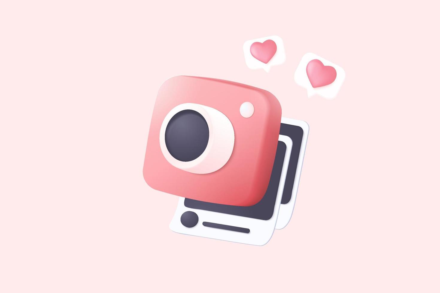 3d minimal photo camera with lens and button on pastel background with shadow. 3d simple snapshot camera icon concept. Volumetric design for creative photos. Lens isolated vector render illustration