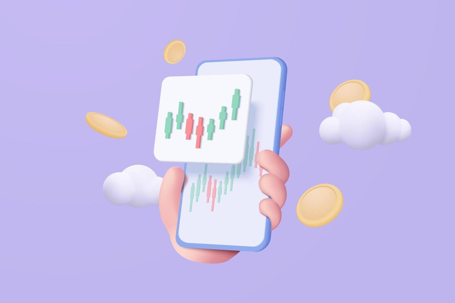 Comercio en línea 3d con teléfono inteligente y moneda de dinero en el fondo de la nube de cielo azul. gráfico de inversión utilizando el negocio de financiación en el concepto móvil en la mano. comercio de vectores 3d para la ilustración de procesamiento de inversiones