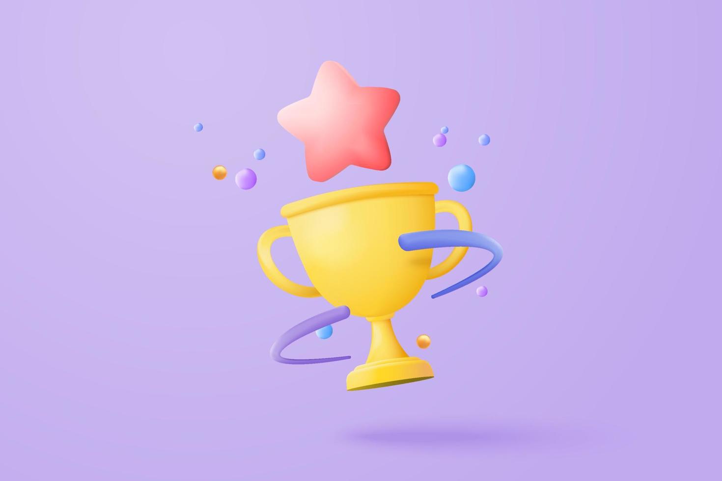 Ganadores 3d mínimos con copa dorada, estrellas ganadoras de oro con objetos flotando sobre fondo dorado. concepto de ceremonia de entrega de premios con estilo de dibujos animados. 3d vector render aislado sobre fondo amarillo pastel