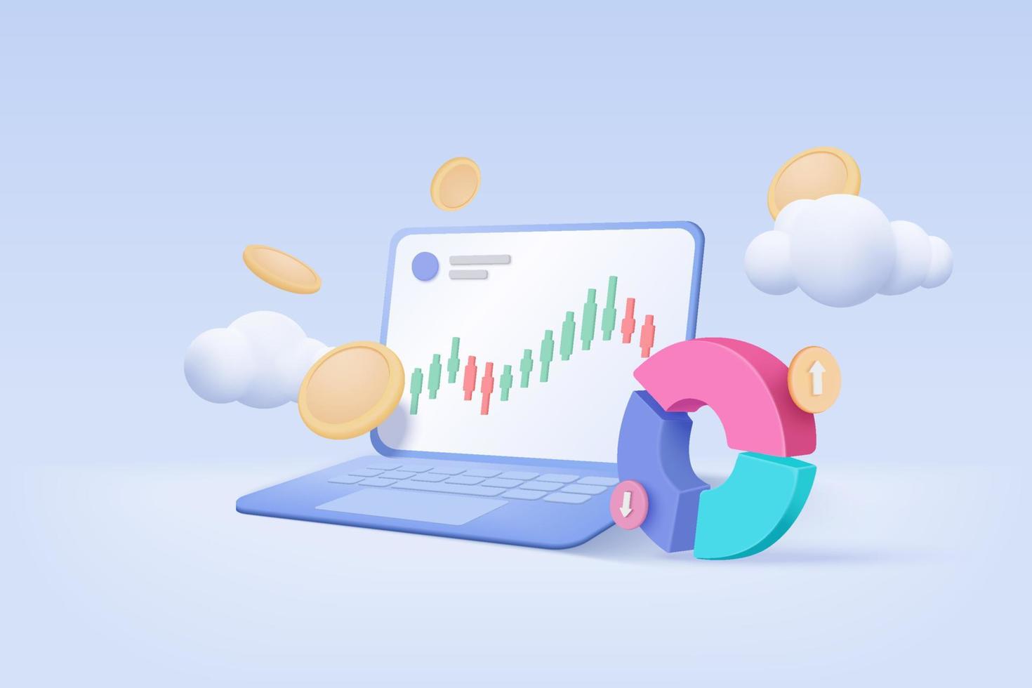 Comercio en línea 3d con computadora portátil sobre fondo de nubes de cielo azul. cuaderno que usa el gráfico de negocios de financiación en la computadora con el concepto de moneda de dinero. Comercio de vectores 3d para la ilustración de renderizado de inversión empresarial