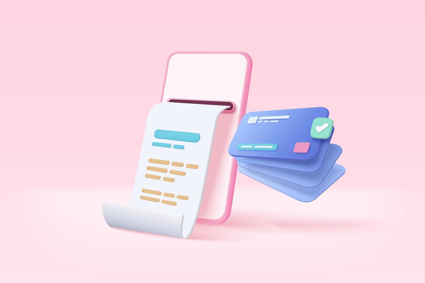 3d pay money with mobile phone banking online payments concept. Bill on smartphone transaction with credit card. Mobile with financial paper on background. 3d bill payment vector icon illustration