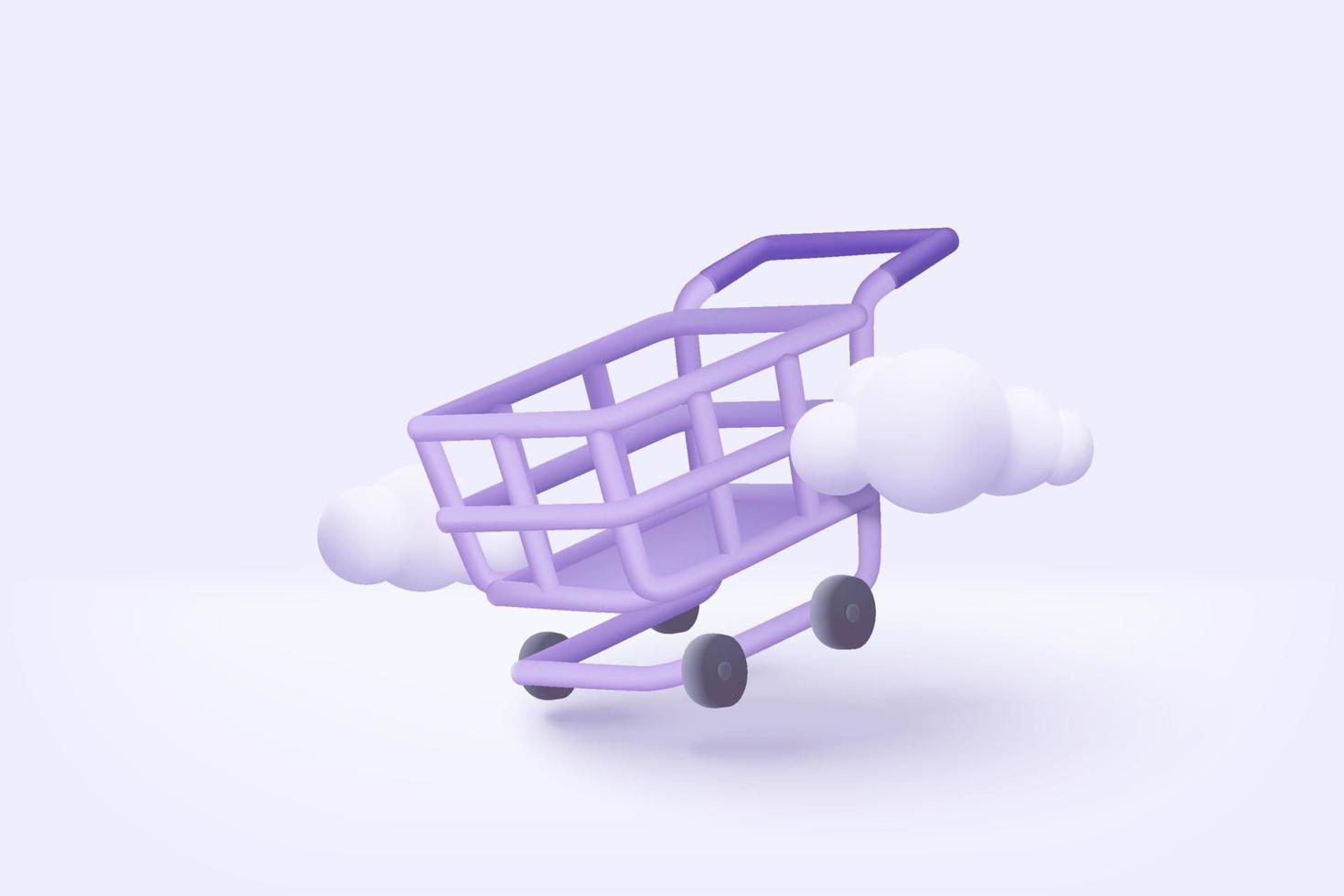 Carro de compras 3d con nube para compras en línea e ideas de marketing digital. cesta y etiquetas promocionales sobre fondo blanco bolsa de compras comprar vender descuento 3d vector icono ilustración