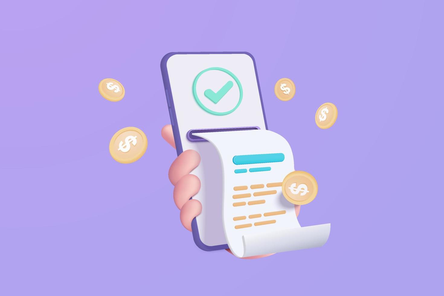 3d pay money with mobile phone banking online payments concept. Easy bill payment transaction on the smartphone. Mobile in hand holding with financial paper. 3d bill payment vector icon illustration