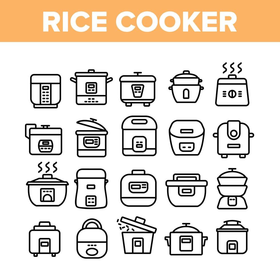 Rice Cooker Equipment Collection Icons Set Vector