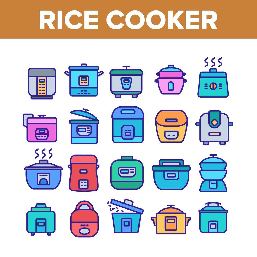 Rice Cooker Equipment Collection Icons Set Vector