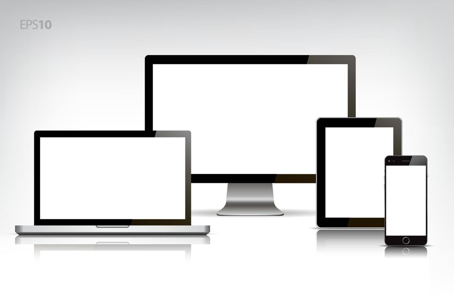 maqueta vectorial. conjunto de pantallas en blanco. computadora, tableta, teléfono sobre fondo transparente. aislado. ilustración realista vector