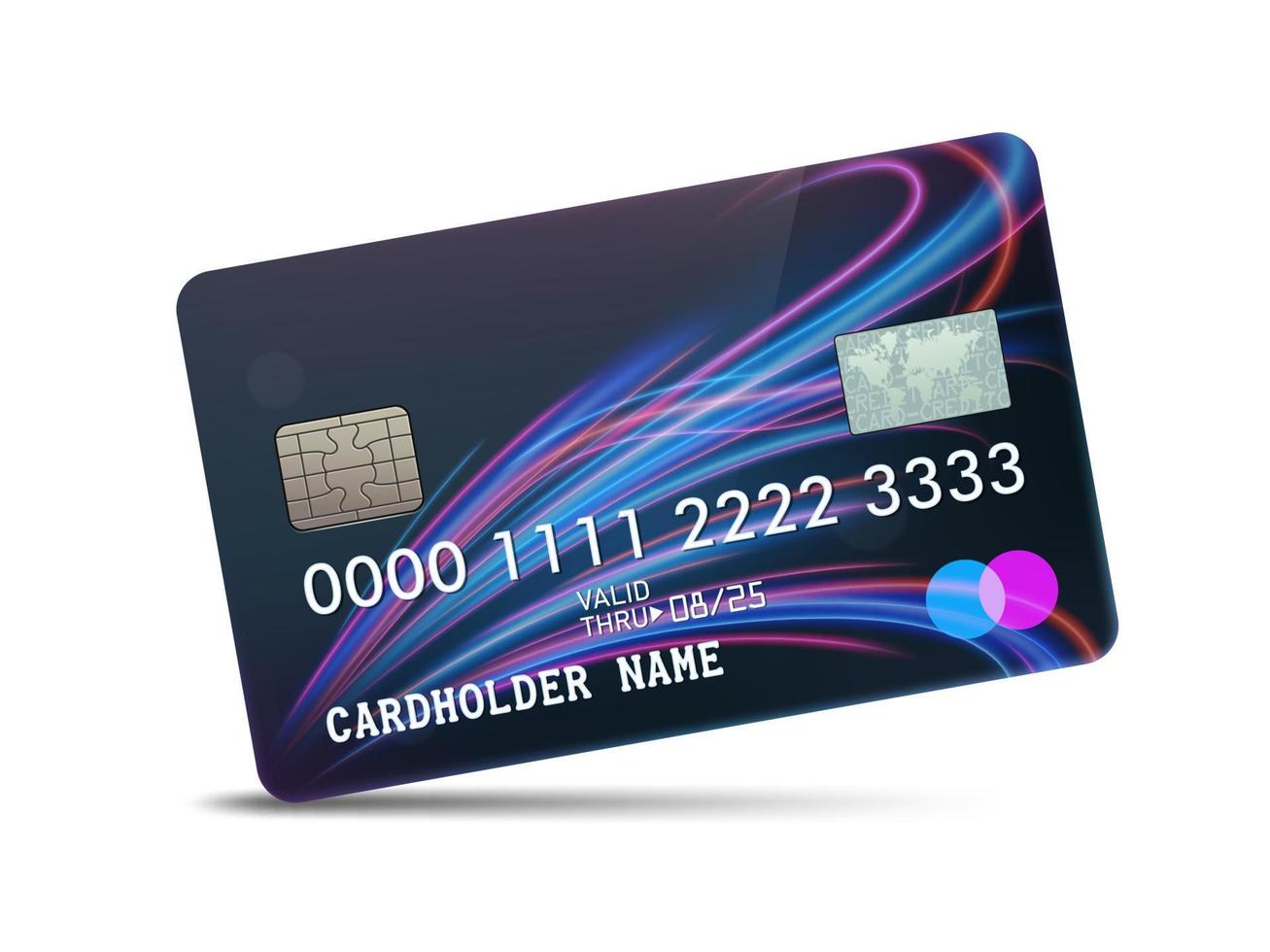 Detailed glossy platinum credit card with wavy neon light decoration, isolated on white background. Vector Illustration