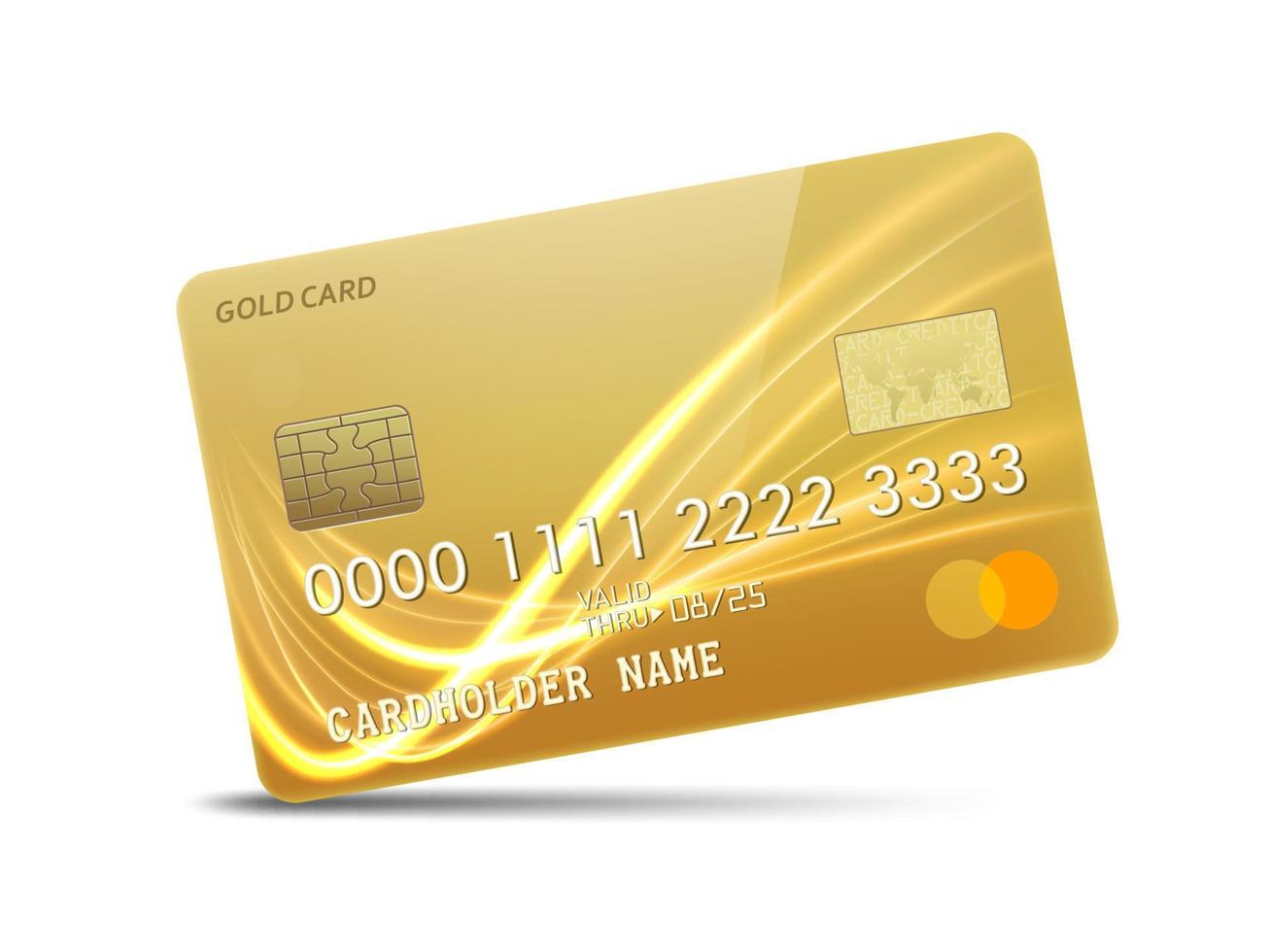 Detailed glossy gold credit card with wavy neon light decoration, isolated on white background. Vector Illustration