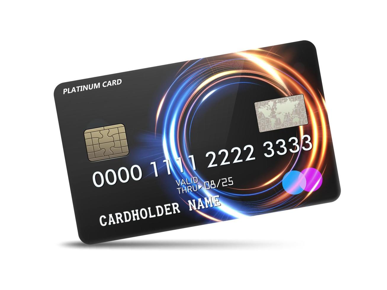 Detailed glossy platinum credit card with wavy neon light decoration, isolated on white background. Vector Illustration