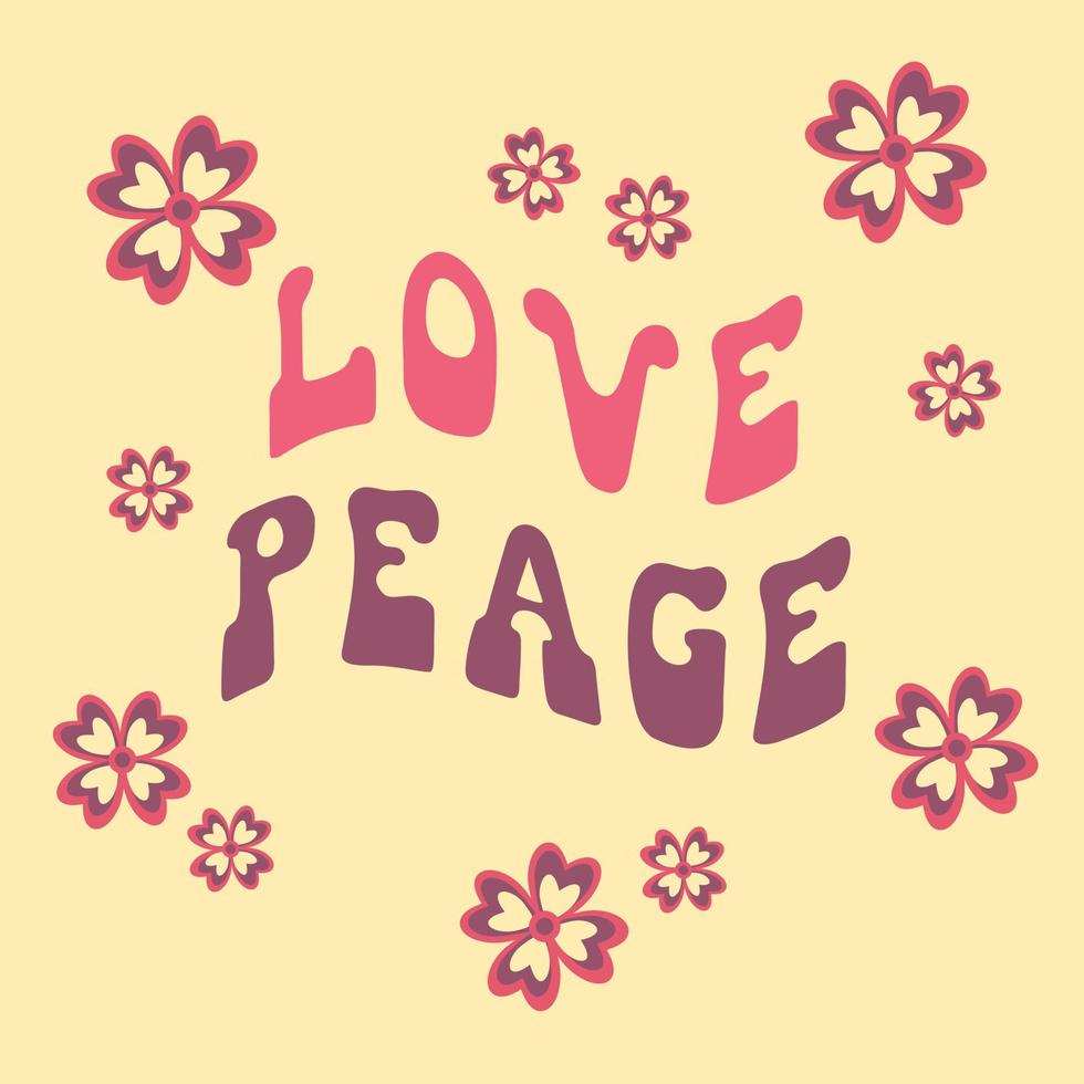 Inscriptions Love, Peace with flowers painted in pink, violet in the shape of a wave on beige background. vector