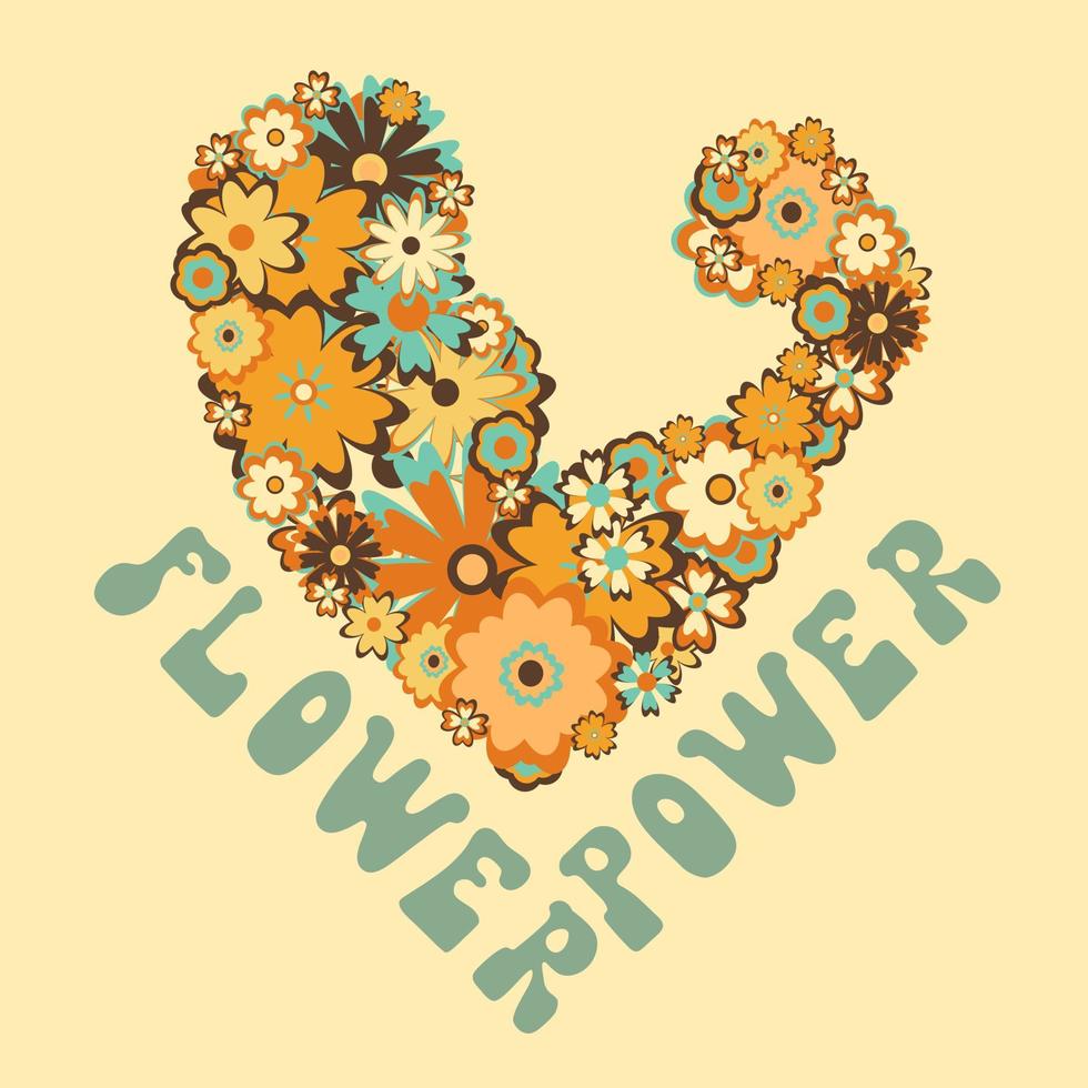 Illustration of an arm with biceps made of different colorful hand drawn flowers and an inscription Flower Power on beige background. vector