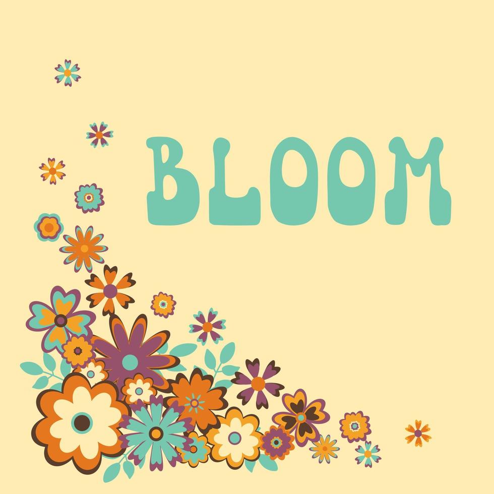 inscripción florece con flores de colores en la esquina sobre fondo beige. para tarjetas, impresión, póster. vector