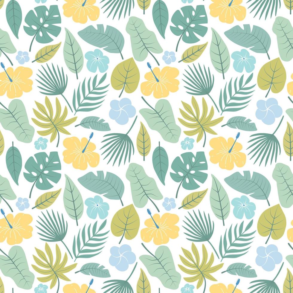 Summer seamless pattern of tropical leaves with a hibiscus, a palm branch in a green-yellow palette on a white background. For product design, textile, wrapper, background. vector
