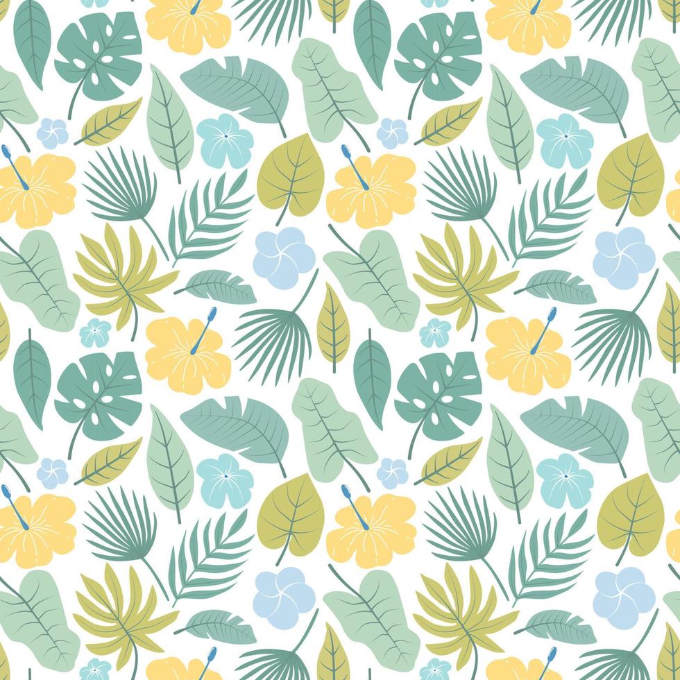 Summer seamless pattern of tropical leaves with a hibiscus, a palm branch in a green-yellow palette on a white background. For product design, textile, wrapper, background. vector