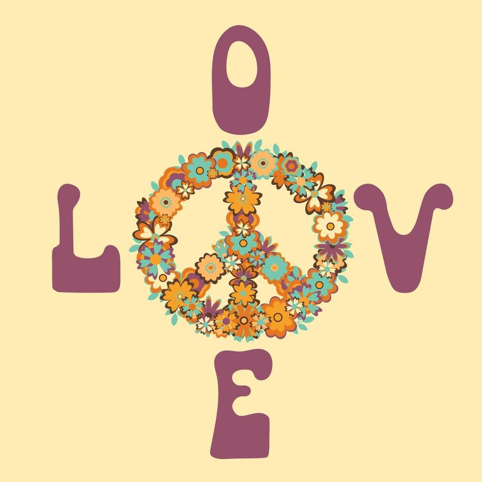 Inscription LOVE and symbol peace in the form of a compass on beige background. vector
