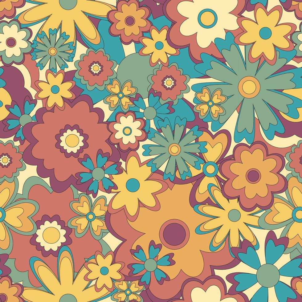Colorful seamless floral pattern in hippie style in retro colors. vector