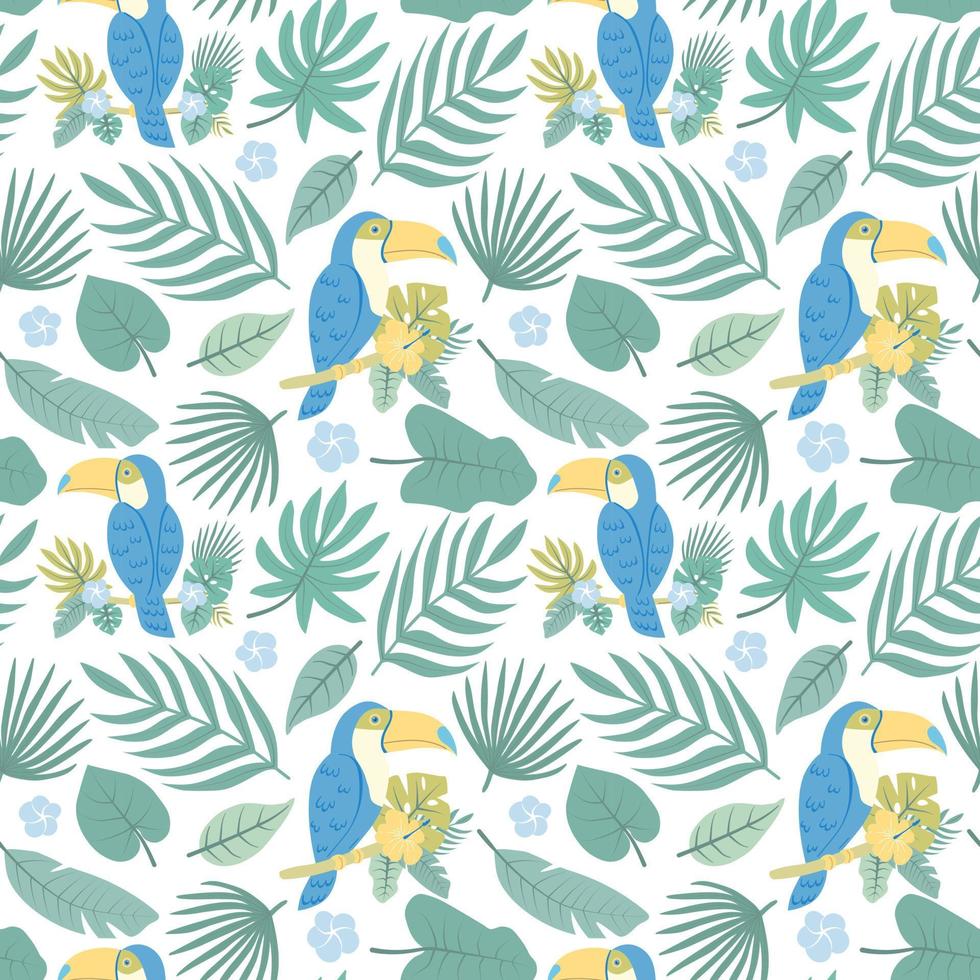 Summer seamless pattern of tropical leaves with a blue toucan, a palm branch in a green-yellow palette on a white background. For product design, textile, wrapper, background. vector