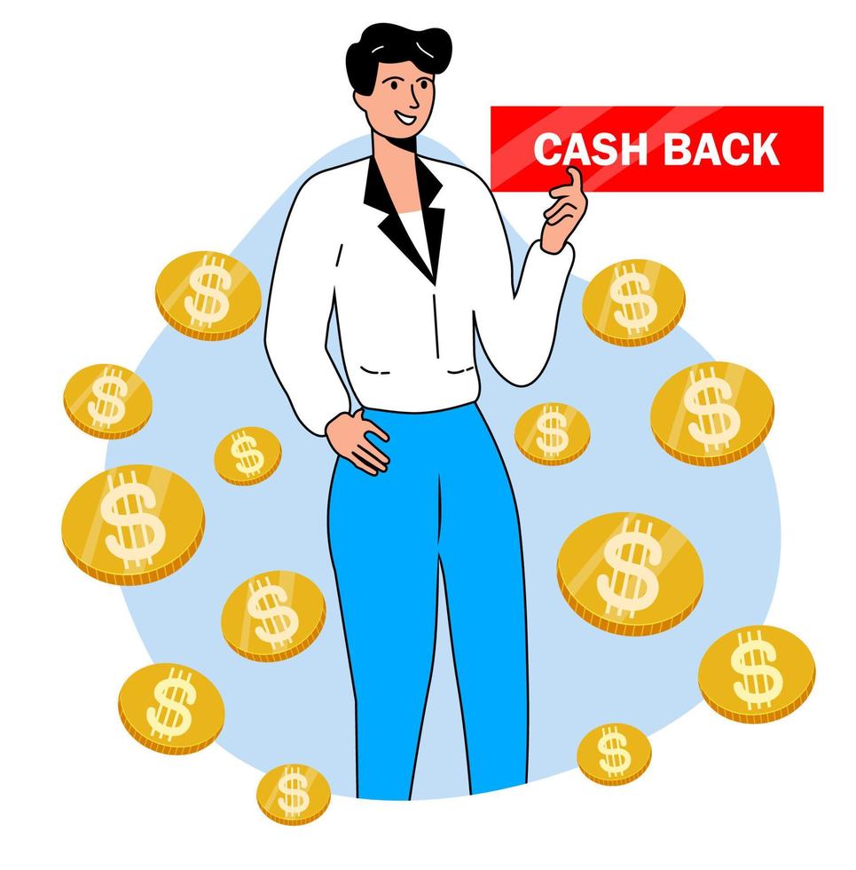 A man holds a sign with the inscription cashback. Vector stock illustration. Character in flat style. Online wallet. Purchases.