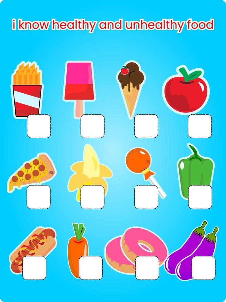 a variety of healthy and unhealthy foods with a checkbox. Perfect for children's activity books. vector