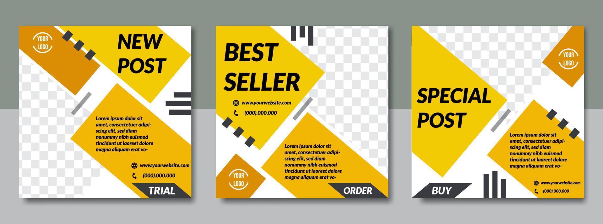 Set of social media post templates with yellow squares. suitable for promotion, business, product, etc. vector