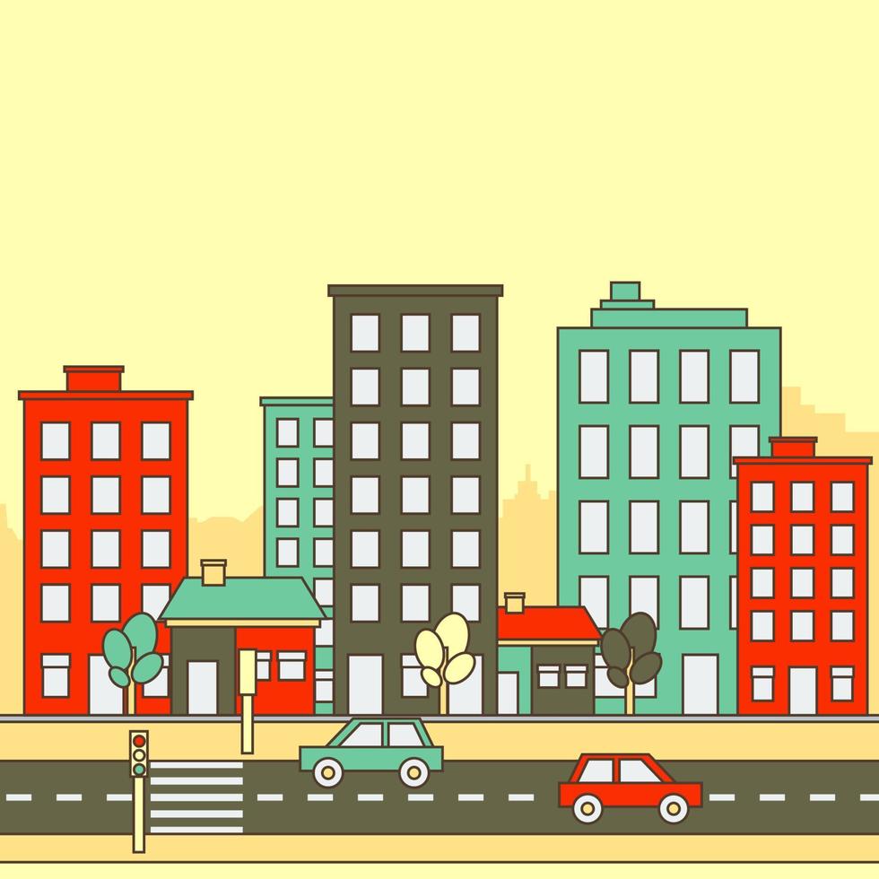 Editable Flat Style Cartoon-like Outlined Urban Retro City Vector Illustration for Urban Life Environment Related or Illustration for Children