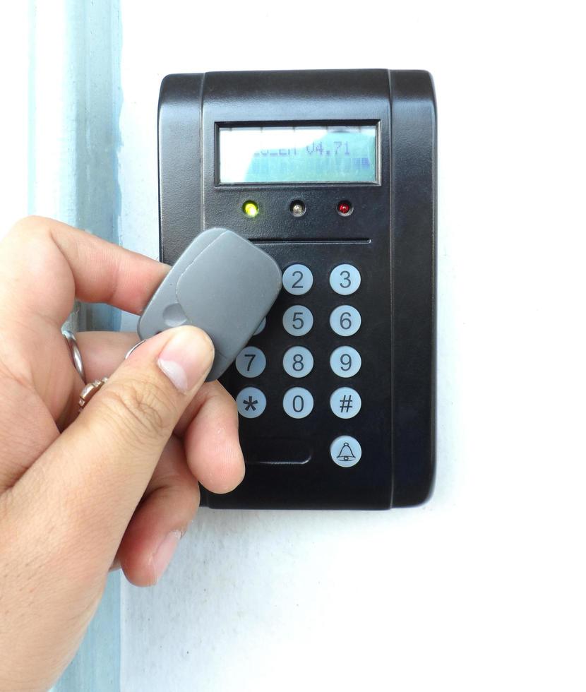 Door access control with a hand inserting key card to lock and unlock door. Security system concept. photo