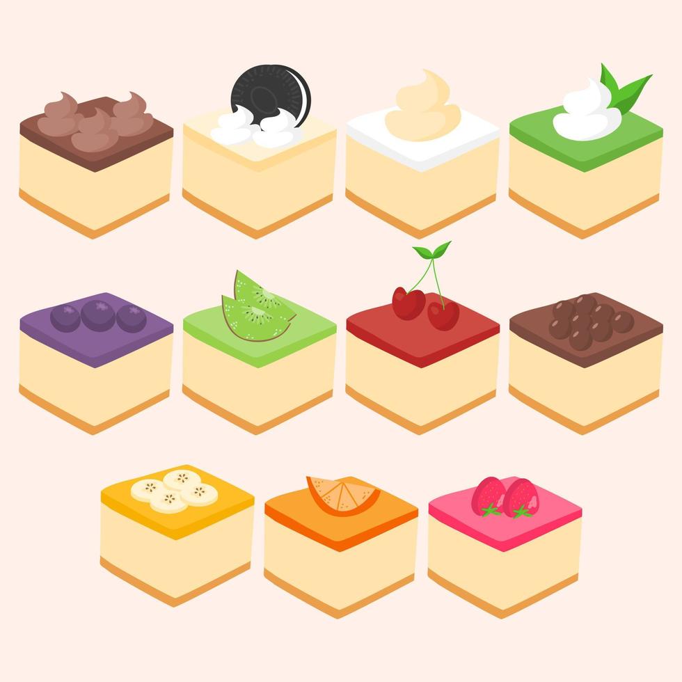 Cheesecake types, with fruits and cream vector