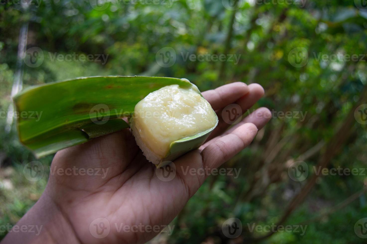 bocadillos dulces de arroz pegajoso con cobertura de durian que alguien sostiene. comida tradicional indonesia. foto