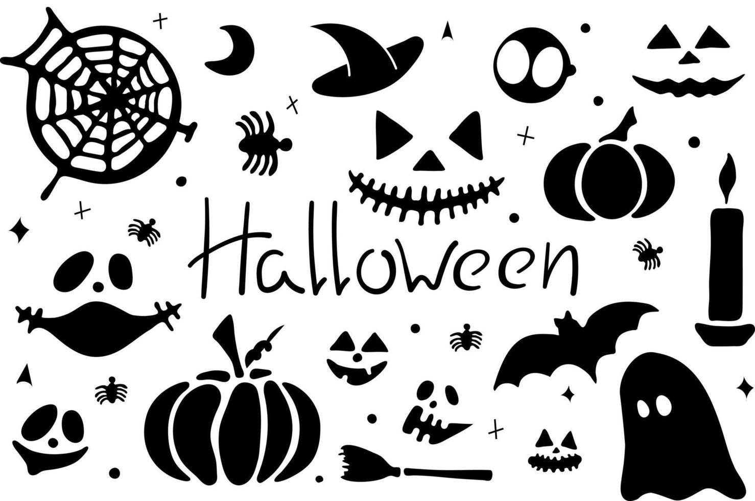 Vector set silhouette icon of Halloween doodle elements. Traditional elements of Halloween. Kawaii characters.